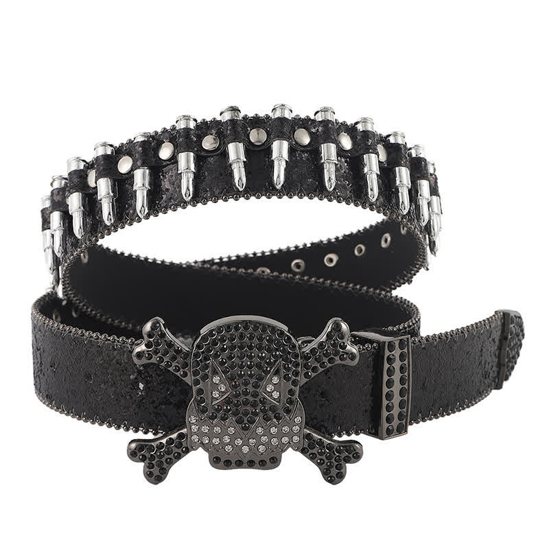 Cartoon Skull Buckle Bullet-Shaped Rivets Leather Belt - Black - 42 - image 0