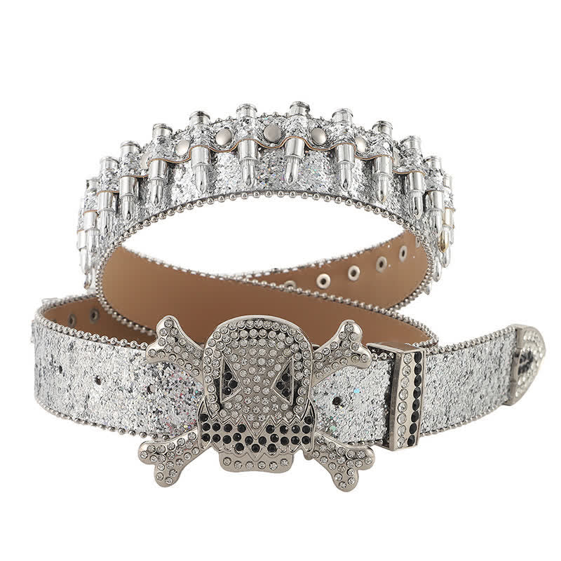 Cartoon Skull Buckle Bullet-Shaped Rivets Leather Belt - Silver - 42 - image 5