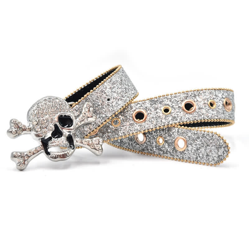 Skull Head Buckle Gold Bead Brim Sequin Leather Belt - image 9