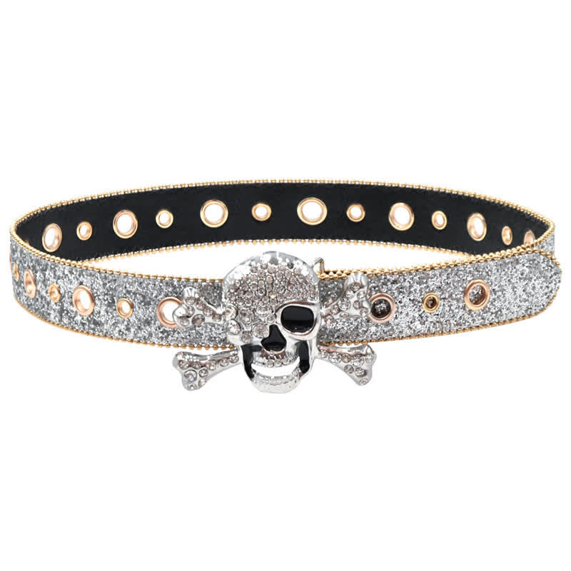 Skull Head Buckle Gold Bead Brim Sequin Leather Belt - image 8