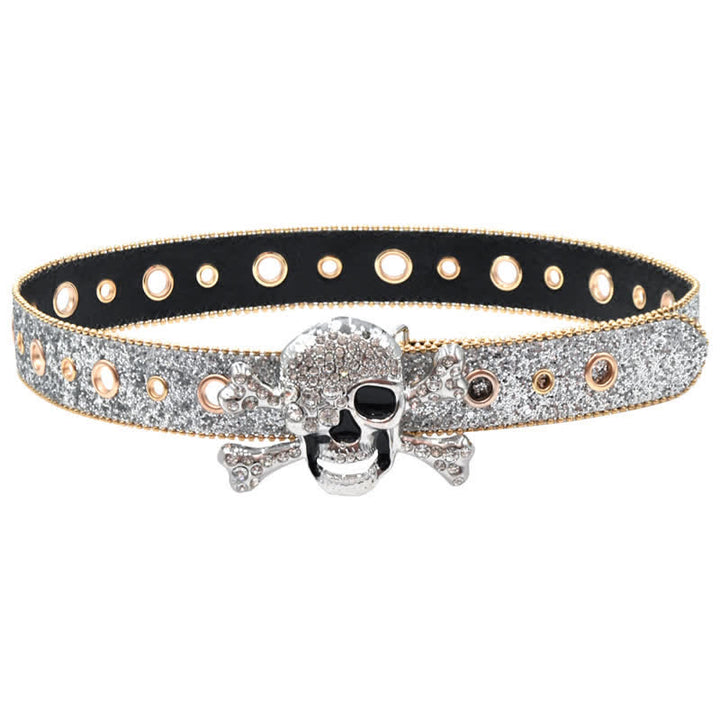Skull Head Buckle Gold Bead Brim Sequin Leather Belt - image 8