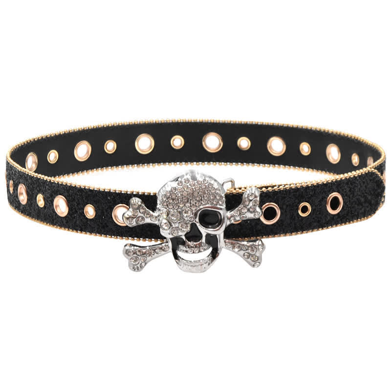 Skull Head Buckle Gold Bead Brim Sequin Leather Belt - image 3