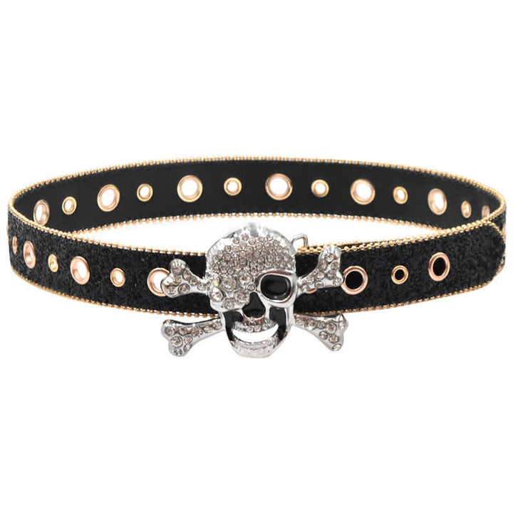 Skull Head Buckle Gold Bead Brim Sequin Leather Belt - image 3