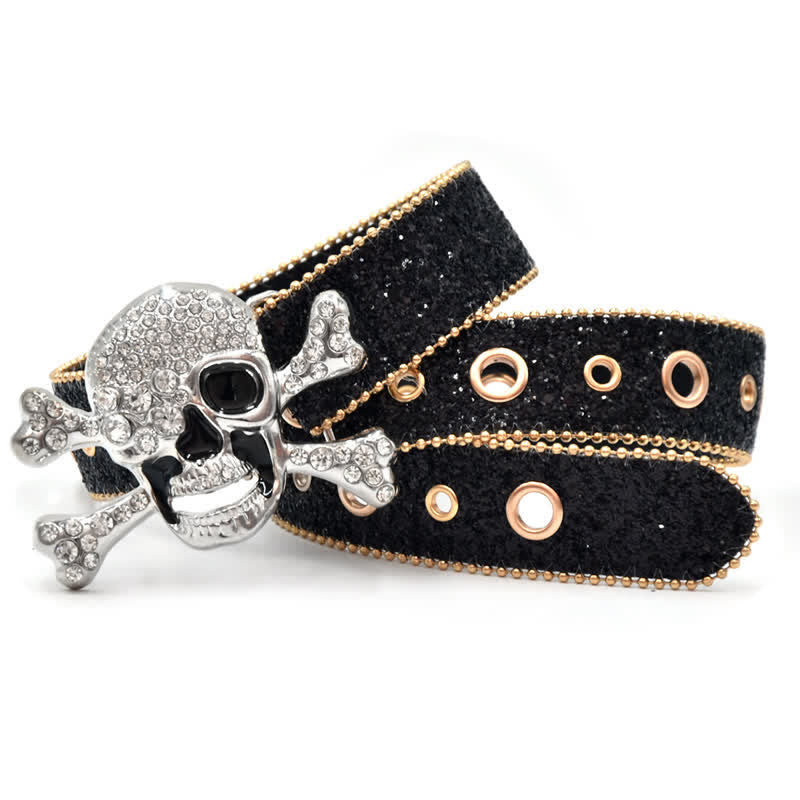 Skull Head Buckle Gold Bead Brim Sequin Leather Belt - image 2