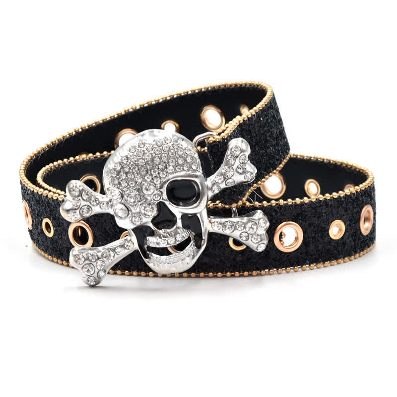 Skull Head Buckle Gold Bead Brim Sequin Leather Belt - Black - 34 - image 0