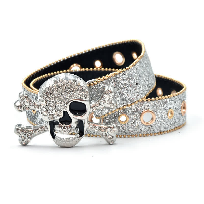 Skull Head Buckle Gold Bead Brim Sequin Leather Belt - Silver - 34 - image 6