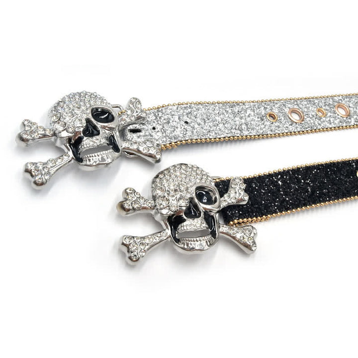 Skull Head Buckle Gold Bead Brim Sequin Leather Belt - image 5
