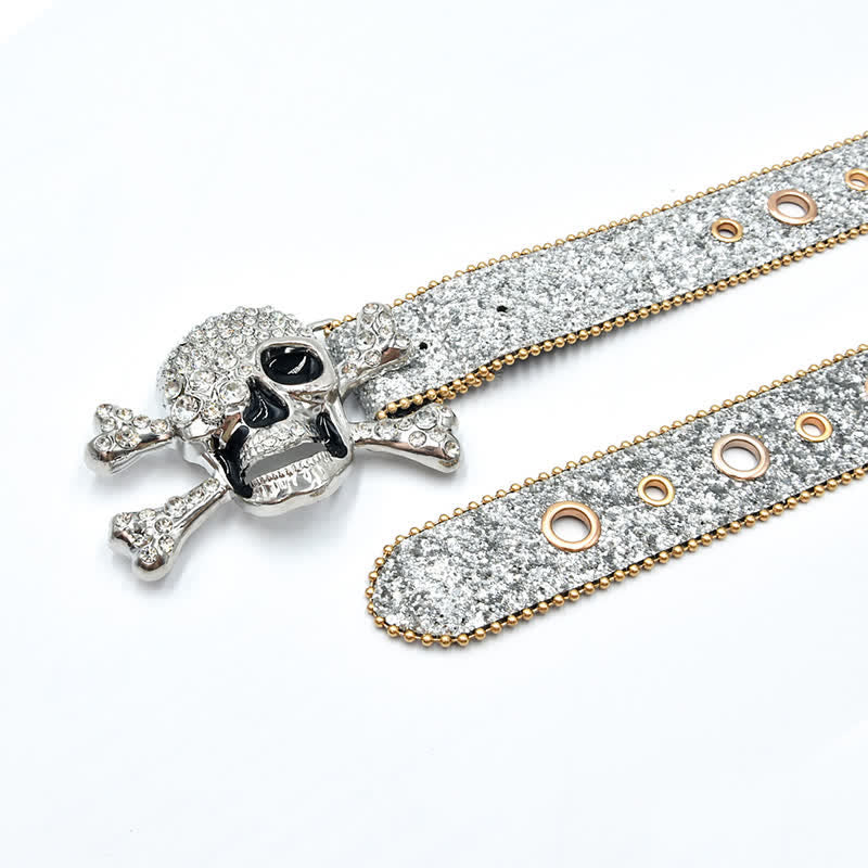 Skull Head Buckle Gold Bead Brim Sequin Leather Belt - image 7