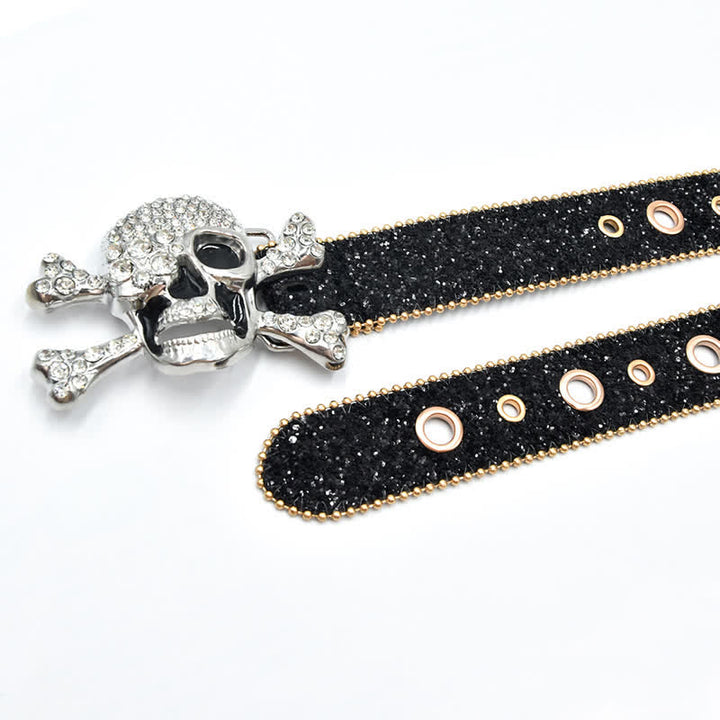 Skull Head Buckle Gold Bead Brim Sequin Leather Belt - image 4