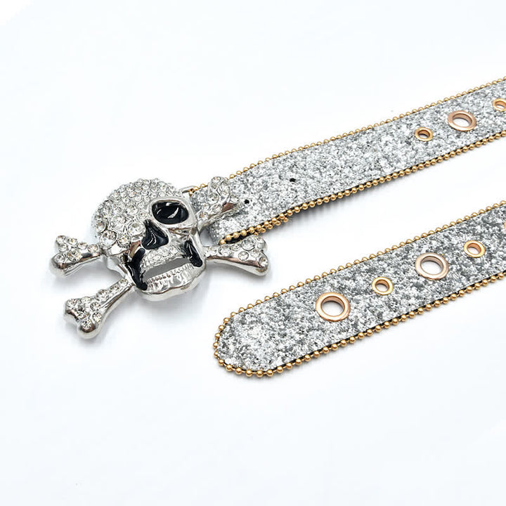 Skull Head Buckle Gold Bead Brim Sequin Leather Belt - image 7