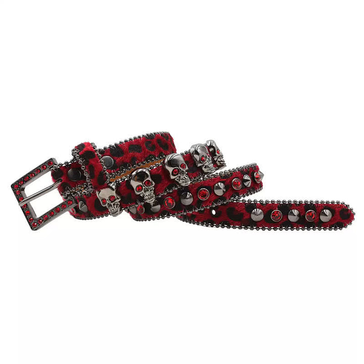 Fancy Gothic Skull Head Rivets Leopard Print Leather Belt - image 3