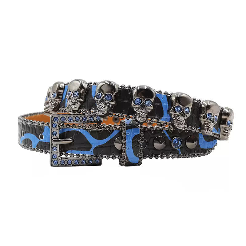 Fancy Gothic Skull Head Rivets Leopard Print Leather Belt - Blue - 40 - image 13