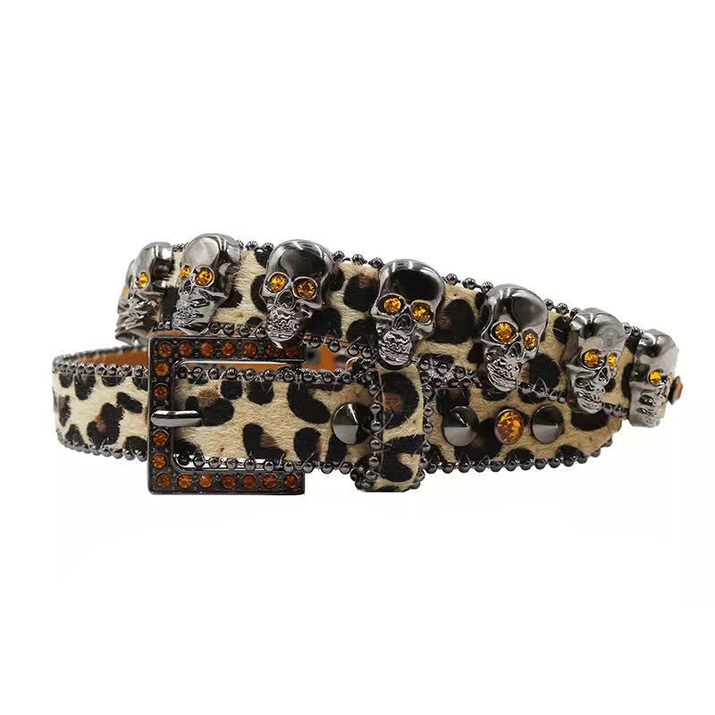 Fancy Gothic Skull Head Rivets Leopard Print Leather Belt - Beige - 40 - image 12
