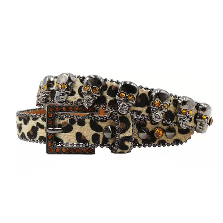 Fancy Gothic Skull Head Rivets Leopard Print Leather Belt - Beige - 40 - image 12