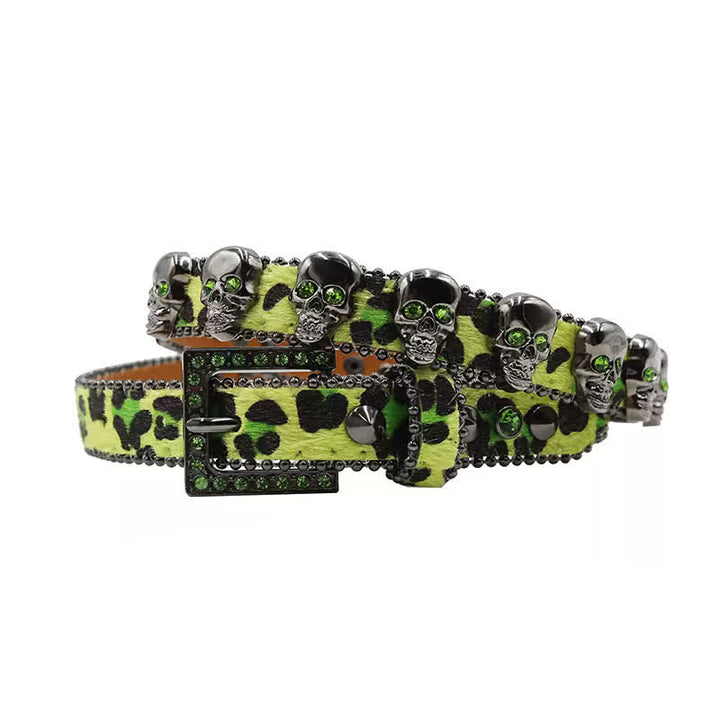 Fancy Gothic Skull Head Rivets Leopard Print Leather Belt - Yellow - 40 - image 15