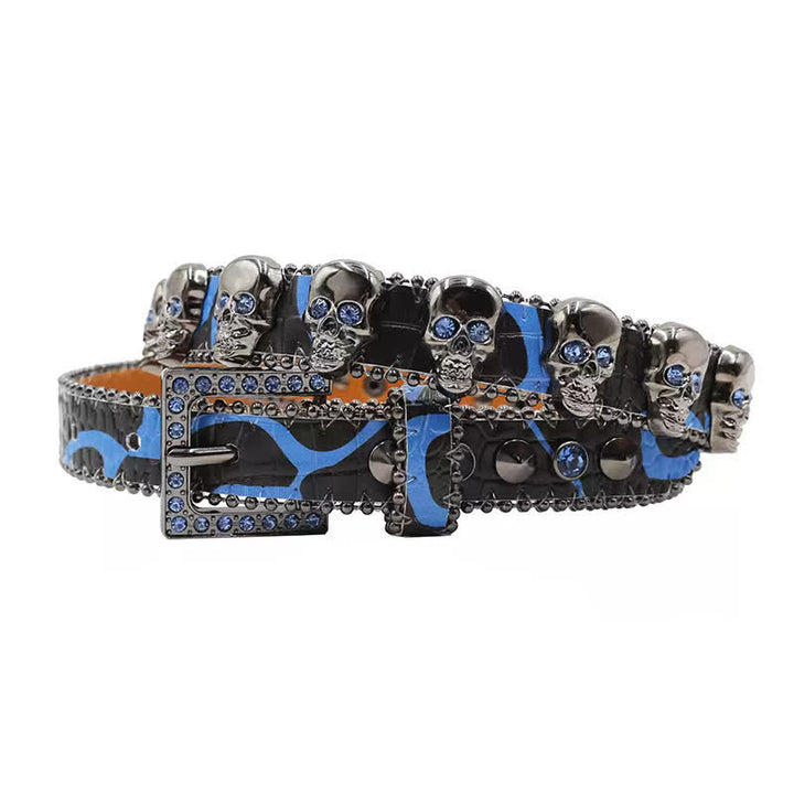 Fancy Gothic Skull Head Rivets Leopard Print Leather Belt - Blue - 40 - image 13