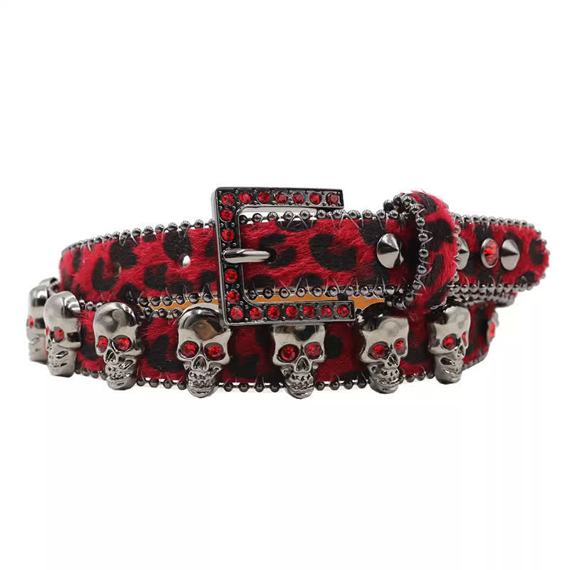 Fancy Gothic Skull Head Rivets Leopard Print Leather Belt - Red - 40 - image 0