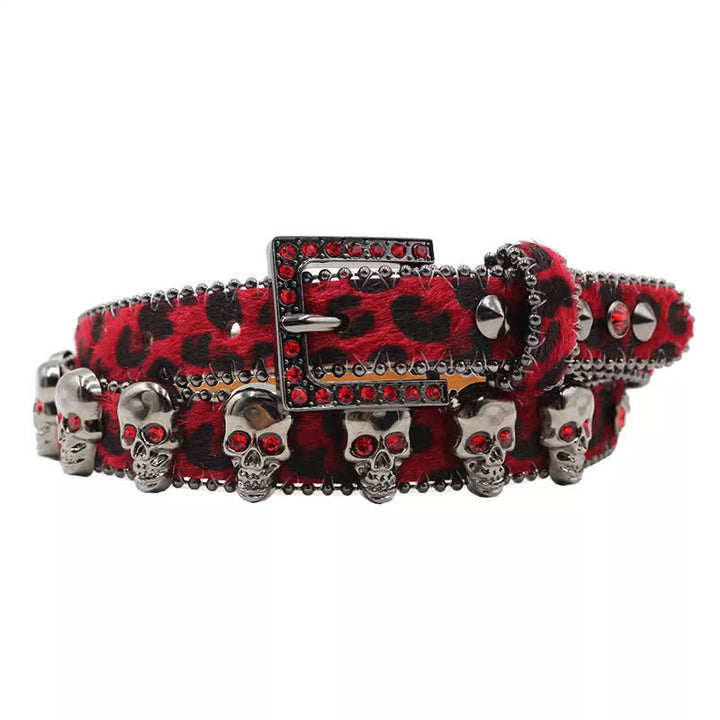 Fancy Gothic Skull Head Rivets Leopard Print Leather Belt - Red - 40 - image 0