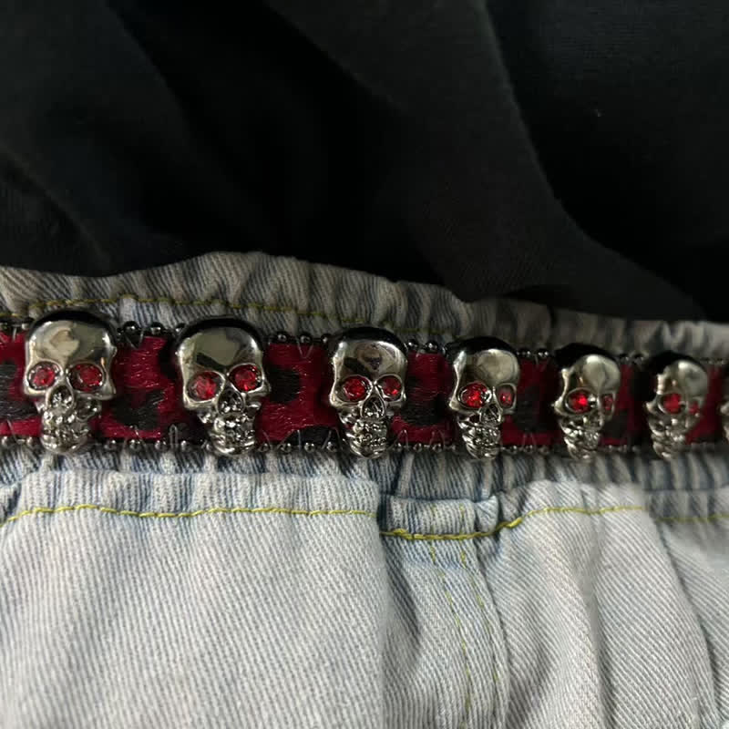 Fancy Gothic Skull Head Rivets Leopard Print Leather Belt - image 2