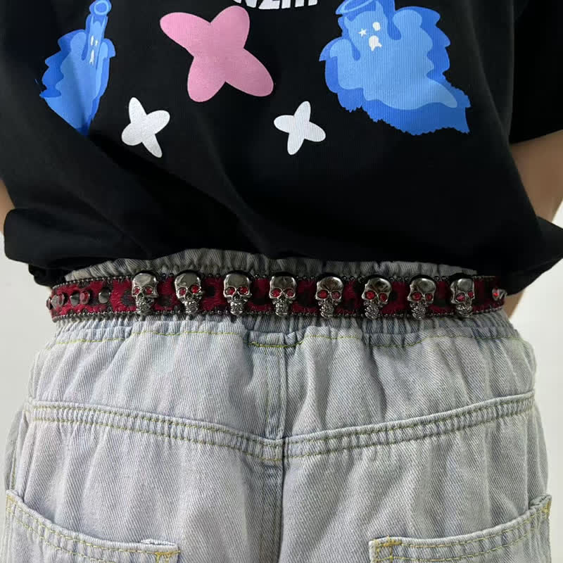 Fancy Gothic Skull Head Rivets Leopard Print Leather Belt - image 1