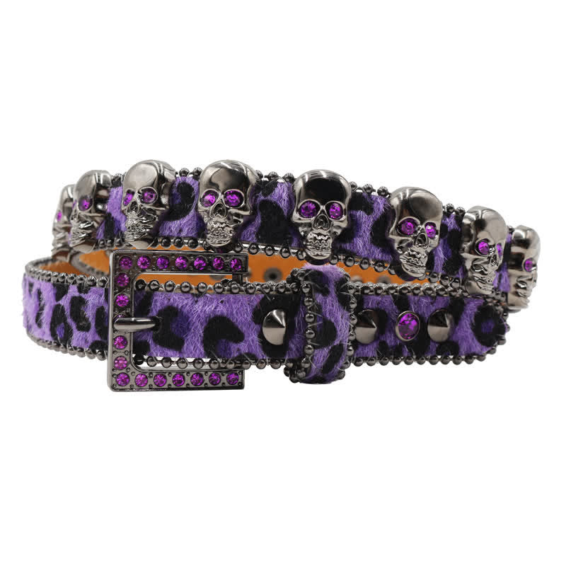 Fancy Gothic Skull Head Rivets Leopard Print Leather Belt - Purple - 40 - image 11