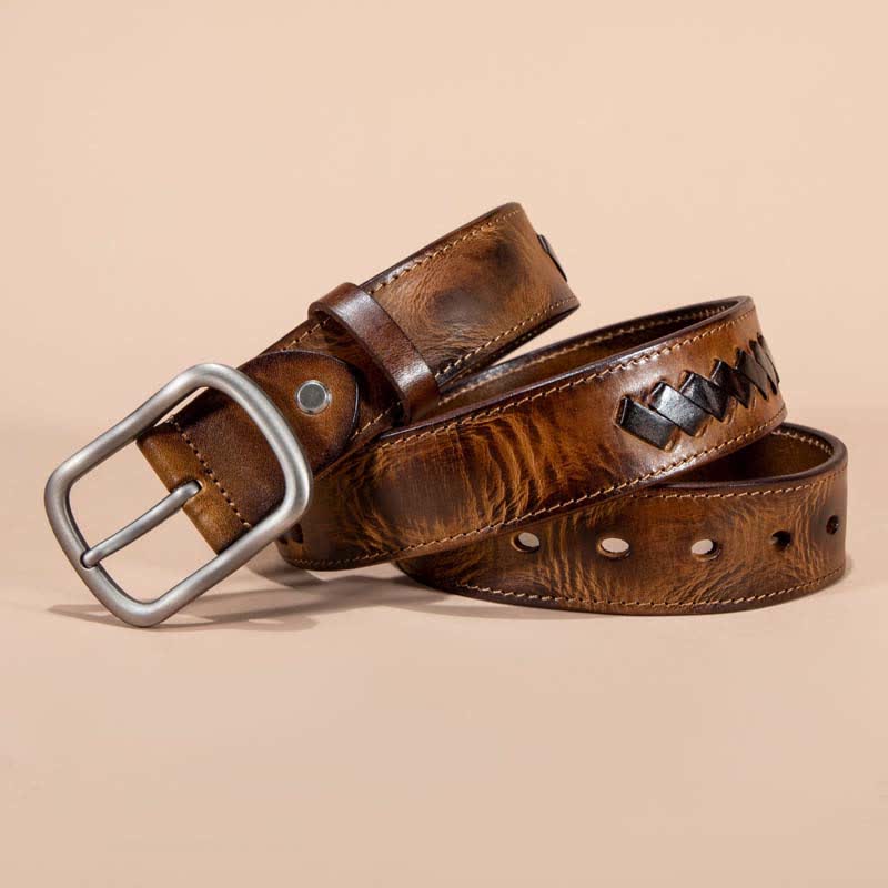 Retro Weave Patterns Design Cowhide Leather Belt - Peru - 44 - image 0