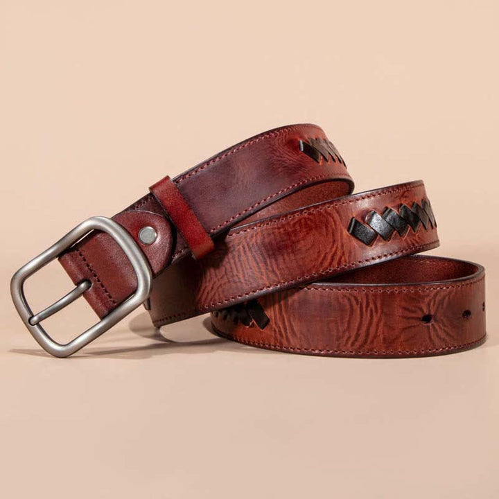 Retro Weave Patterns Design Cowhide Leather Belt - Brown - 44 - image 6