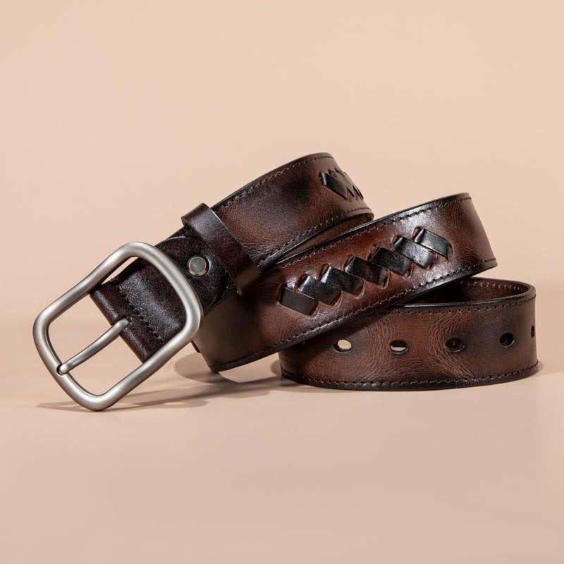 Retro Weave Patterns Design Cowhide Leather Belt - Dark Coffee - 44 - image 5
