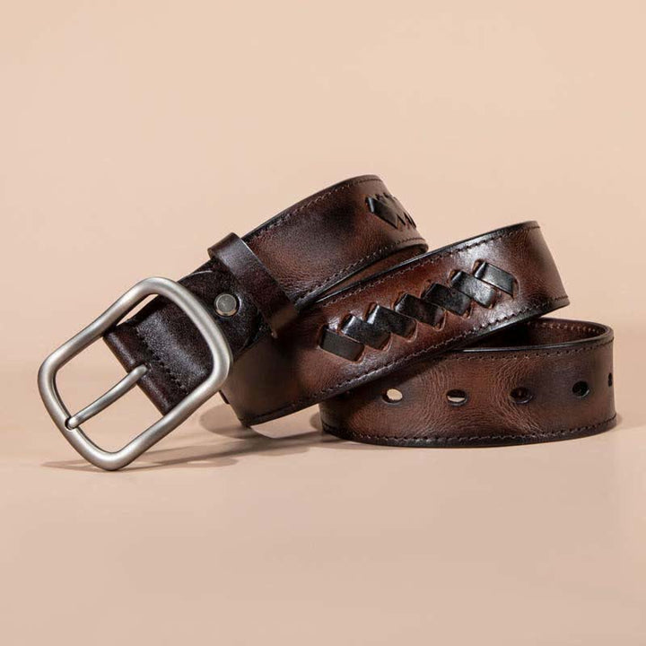 Retro Weave Patterns Design Cowhide Leather Belt - Dark Coffee - 44 - image 5