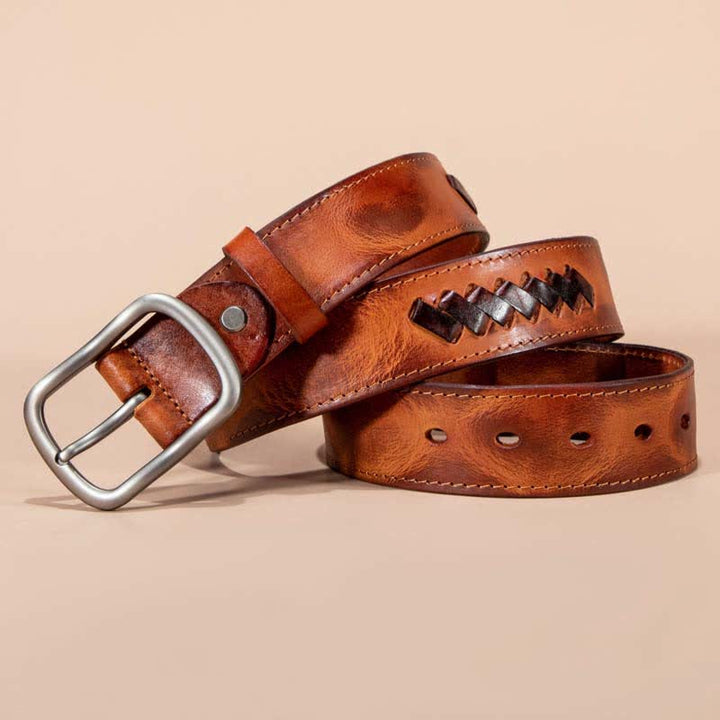 Retro Weave Patterns Design Cowhide Leather Belt - Orange - 44 - image 7