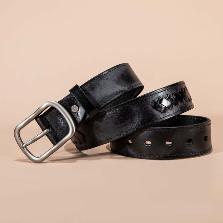 Retro Weave Patterns Design Cowhide Leather Belt - Black - 44 - image 4