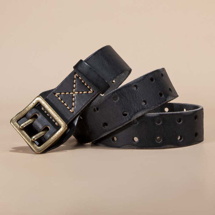 Timeless Square Buckle Double Prong Cowhide Leather Belt - Black - 44 - image 0