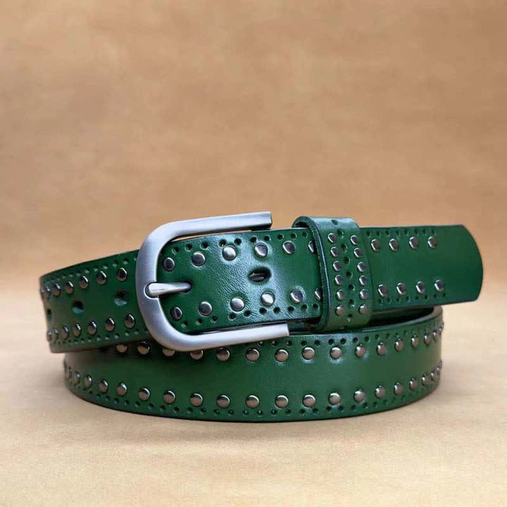 Ancient Pure Color Punk Metal Rivet Leather Belt - Green - 40 - image 10
