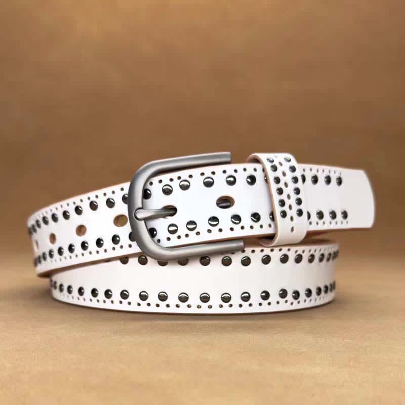 Ancient Pure Color Punk Metal Rivet Leather Belt - White - 40 - image 13