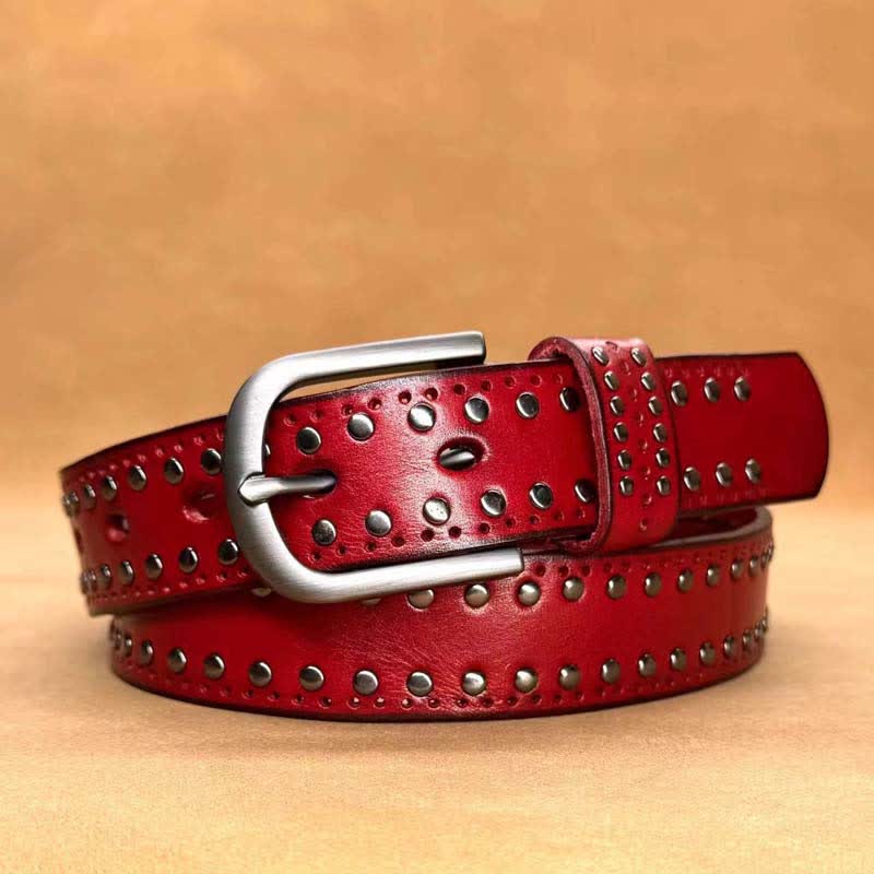 Ancient Pure Color Punk Metal Rivet Leather Belt - Red - 40 - image 12