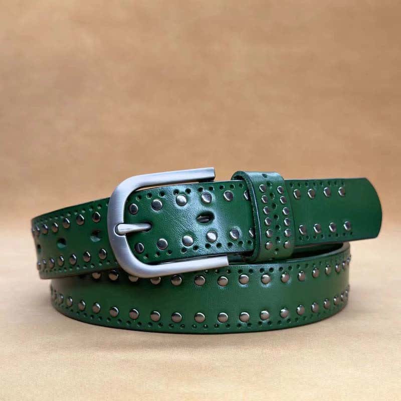 Ancient Pure Color Punk Metal Rivet Leather Belt - Green - 40 - image 10