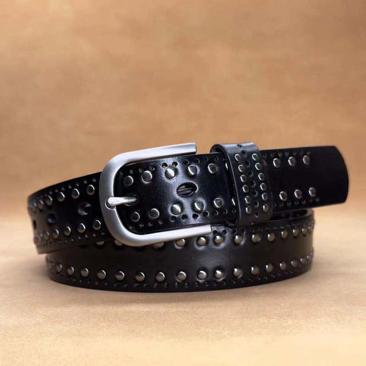 Ancient Pure Color Punk Metal Rivet Leather Belt - Black - 40 - image 7