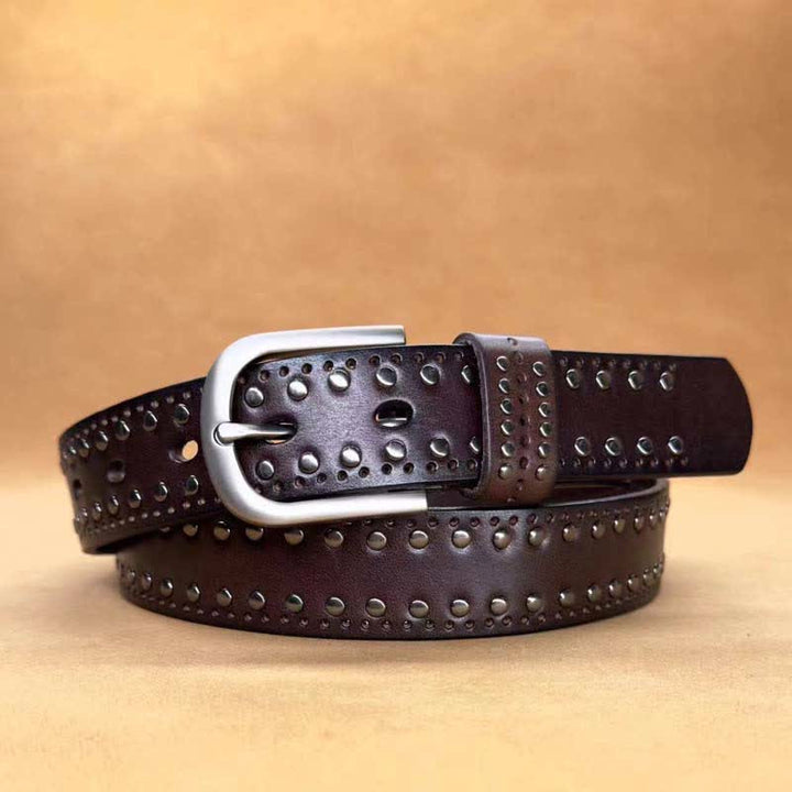 Ancient Pure Color Punk Metal Rivet Leather Belt - Coffee - 40 - image 8