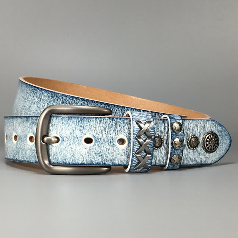 Retro Old White Rubbed Blue Silver Rivets Leather Belt - image 5