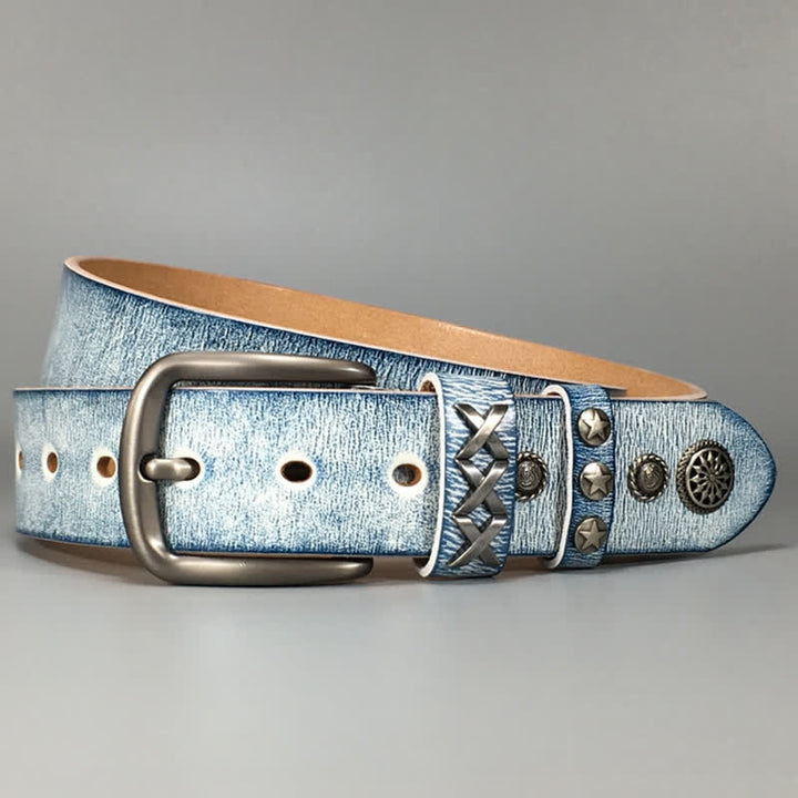 Retro Old White Rubbed Blue Silver Rivets Leather Belt - image 5