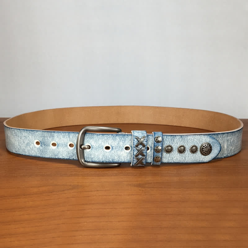 Retro Old White Rubbed Blue Silver Rivets Leather Belt - image 2