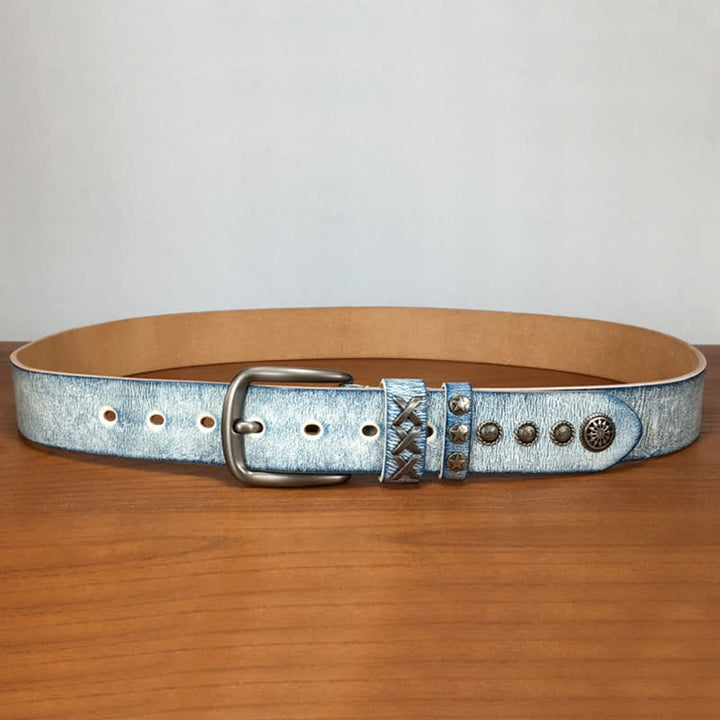 Retro Old White Rubbed Blue Silver Rivets Leather Belt - image 2