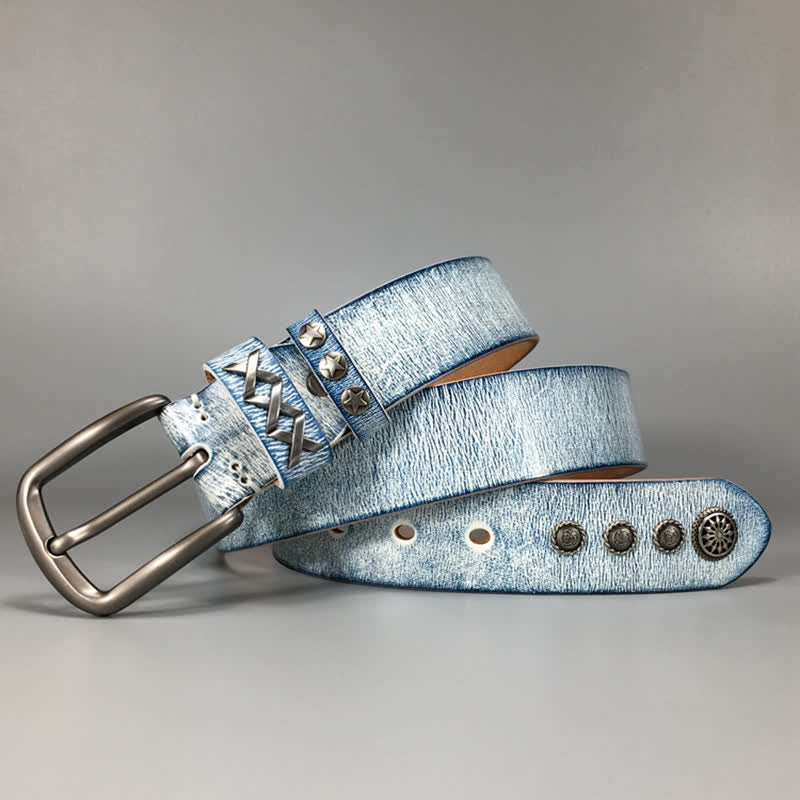 Retro Old White Rubbed Blue Silver Rivets Leather Belt - image 4