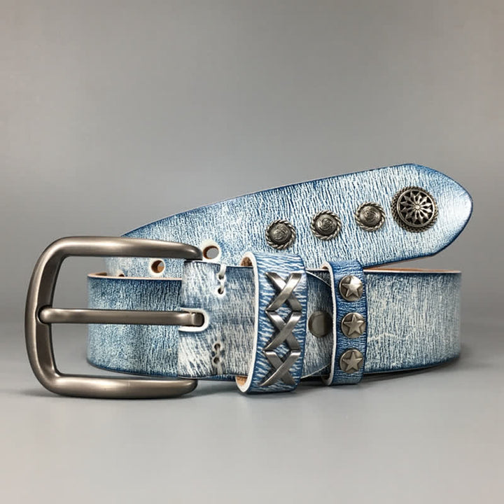 Retro Old White Rubbed Blue Silver Rivets Leather Belt - image 6