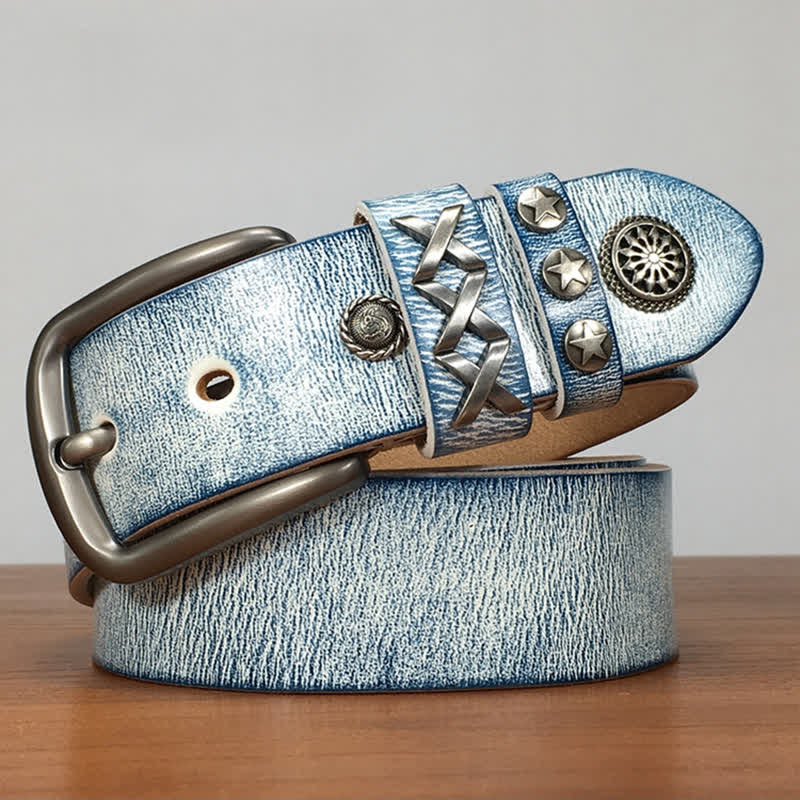 Retro Old White Rubbed Blue Silver Rivets Leather Belt - image 3