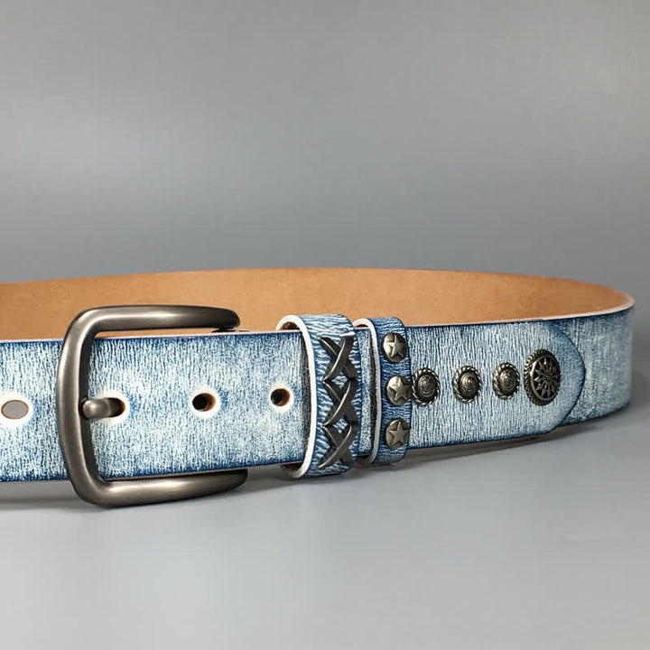 Retro Old White Rubbed Blue Silver Rivets Leather Belt - image 7