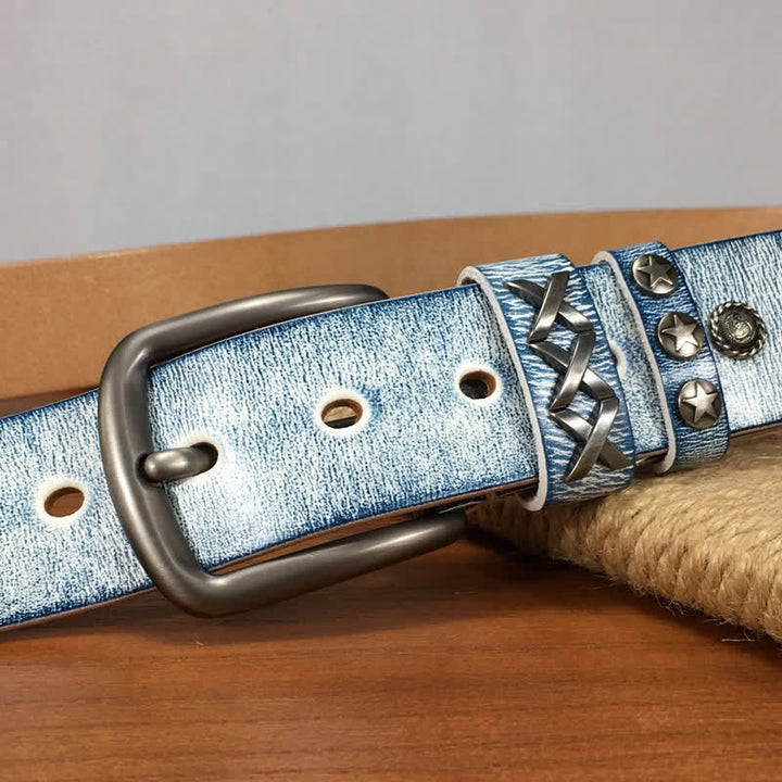 Retro Old White Rubbed Blue Silver Rivets Leather Belt - image 8