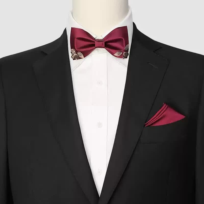 Men's Burgundy Metal Leaves Embellishment Bow Tie - image 1