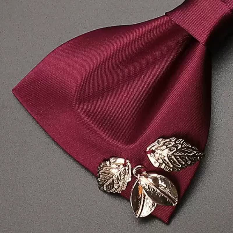 Men's Burgundy Metal Leaves Embellishment Bow Tie - image 3