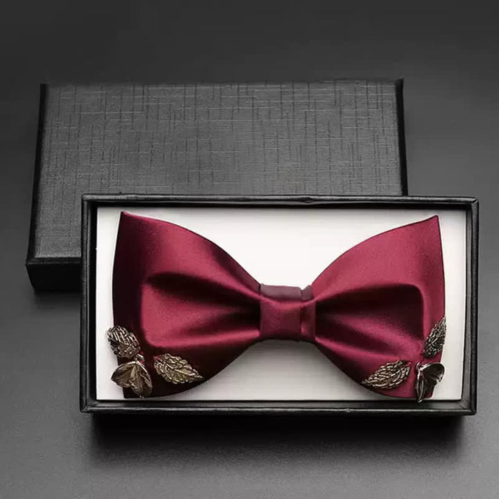 Men's Burgundy Metal Leaves Embellishment Bow Tie - image 2